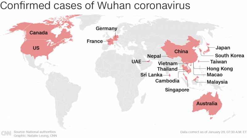 Где во всем мире были подтверждены случаи коронавируса Ухань